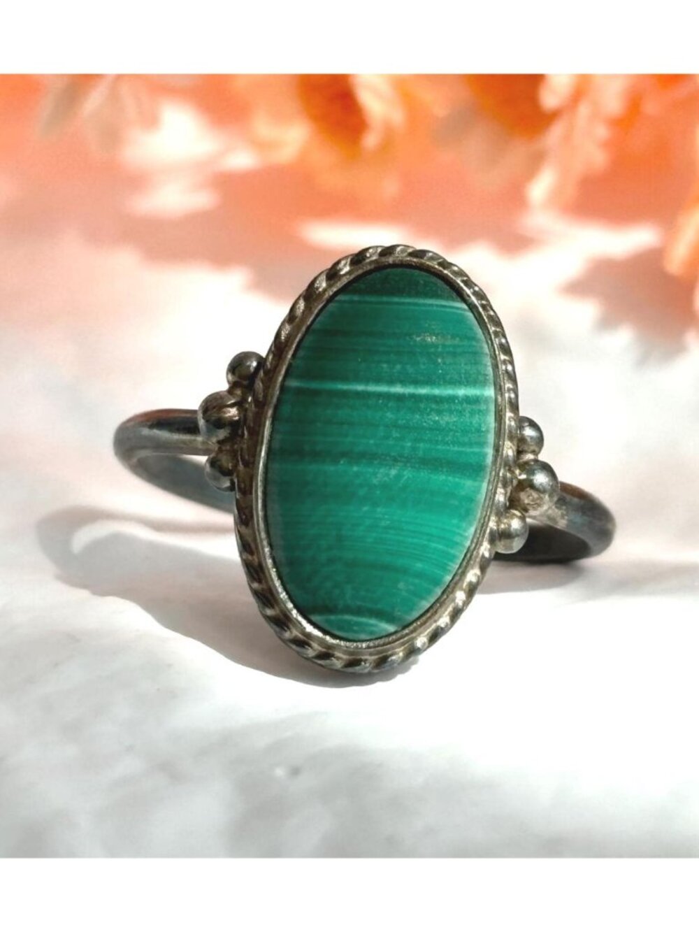 Bright Malachite Stone Sterling Silver Oval 925 Southwest Vintage Ring - sz 6.75